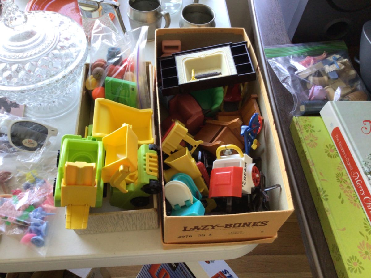 Vintage dollhouse furniture and Fisher Price little people and trucks