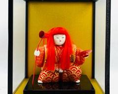 Vintage Japanese Festival Doll Of. A Servant A Dipper And A Dish In Glass Case