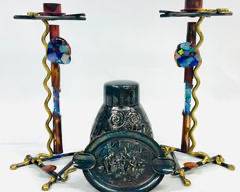 Vintage Gary Rosenthal Collection Pair of Sabbatical Candlestick Holders, Meriden B.Company Urn & Silver Plate Ashtray