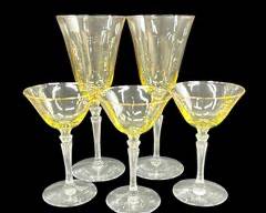 Vintage 3-Tiered Waterfall Stem Topaz Yellow Martini Glasses Set of 3 & Wine Glasses Set of 2