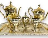 Vintage silverplate Tea Set MM Co 3271 Tea Pots With Lids, Creamer, Sugar Bowl With Lid, Cup, & Tray With Handles