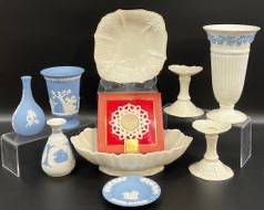 Fine WEDGWOOD and LENOX China Vases, Footed Bowl, Plate, Canlde Holders, and Snowflake Votive With Original Box