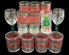 Vintage MCM Cera Glass Merry Christmas Set of 5, Libby Glass Company Christmas Tree Stem Wine Glass Set of 2, Christmas Season Greetings Cocktail Glasses Set of 4