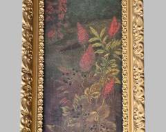Antique oil on board Still Life Red Flowers Gilt Framed