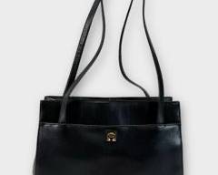 ETIENNE AIGNER Pristine Black Genuine Leather Handbag with Goldton Monogram