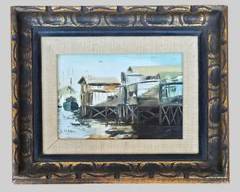 C Robbins Signed Dockyard Painting on Board Framed