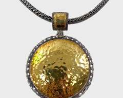 Fine John Hardy Palu Sterling Silver & 22K Hammered Yellow Gold Pendant On Woven Wheat Chain
