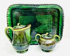 Vintage Green Glazed Pitcher Sugar Bowl Tray Art Pottery Lot