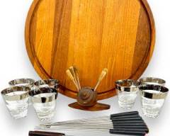 Mid Century Modern MCM Scan Look Wooden Cutting Board, Wood Snail Small Skewer Holder, & Skewers