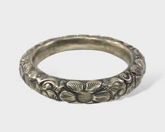 Fine Antique Silver Hollow Flower Wide Bangle Bracelet