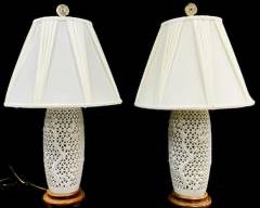 Pair Tall 34 Blanc De Chin White Reticulated Table Lamps on Wood Bases with Shades