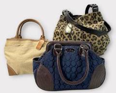 TIGNANELLO Genuine Leather and Leopard Print Suede Handbag. VERA BRADLEY Navy Quilted Bowling Bag With Brown Leather Trim. LIZ LIZ CLAIBORNE Tan Canvas Mini Tote with Faux Leather Trim.