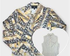 ST. JOHN SPORT BY MARIE GRAY Yellow/Grey Pheasant Feather Print Stretch Cotton Jacket with Gold Tone Hardware, Sz P. ST. JOHN SPORT BY MARIE GRAY White Cotton Stretch Sleeveless Button Down Top with Gold Tone Diamond Studs on Collar, Sz P.