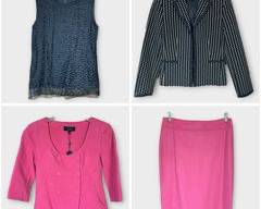 TALBOTS The Kate Fit Salmon Pink Wool Blend Pencil Skirt and Jacket, NWT, Sz 2. TALBOTS Black Beaded Shell Top. Sz 2. TALBOTS Black/Natural Polka Dot Blazer, Sz 2.