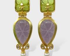 Gold Toned Carved Amethyst Drop Statement Pierced Earrings