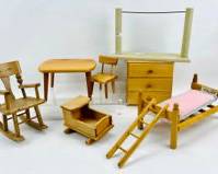 Vintage Assorted Wooden Doll House Furniture including Mid Century Modern Chair and Table, Console upside down MCM