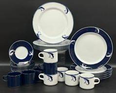Vintage Dansk Flora Blue White China Dinner Plates, Saucers, and Mugs Mid Century Modern MCM