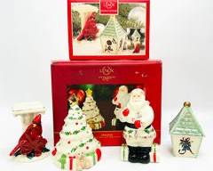 Vintage Lenox American By Design Winter Greetings & For The Holidays Santa & Tree Salt & Pepper Set