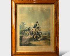 Antique Hawking "Disgorging" Colored Engraving Framed Print Birds Eye Maple Frame