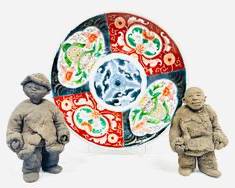Antique Japanese Imari Charger Bowl & Signed Art Pottery Childern From the Moutain Sculptural Art Figures