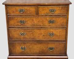 Fantastic South Hampton Inlaid Burlwood Chest 5 Drawers Fancy Brass Pulls set See lot 1330 matching item