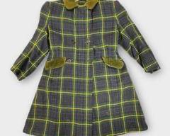 WOODHOUSE LONDON & BRIGHTON Genuine WEST RIDING OF YORKSHIRE Vintage 60s All Wool Childs Coat. Green/Blue/Yellow Tartan with Moss Green Velvet Trim. Made in England.