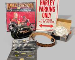 Harley Davidson Collectors Lot Including Piggy Bank, Parking Sign, Belt, Ash Tray, Calendar and more