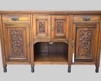 Antique Carved 4 Door 2 Drawer Buffet Credenza Arts and Crafts Style Brass Pulls Footed
