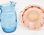 Vintage Jeannette Cherry Blossom Serving Bowl Pink Depression Glass & Anchor Hocking Misty Blue Ribbed Pitcher