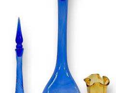 2 Vintage Cobalt Empoli & 1 Ruffled Amber Swung Art Glass Cup MCM Mid Century Modern