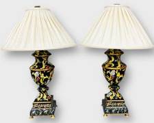 Vintage Pair 30 Hand Painted Table Lamps W/ Shades