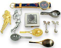 Vintage Tennis Pickleball Costume Jewelry Brooches, Watch, and Trinket Box