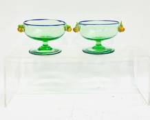 Vintage 1920 Venetian Prewar Hand Blown Blue Rimmed Art Glass Pedestal, Sherbets Fruit Applique