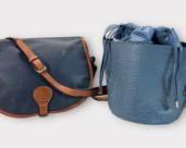 DIVINA FIRENZE Genuine Pale Blue Leather, Croc Embossed, Bucket Bag with Adjustable Strap. Hand Made in Italy. DOONEY & BOURKE Vintage 90s All Weather Leather, Dk. Blue and Tan Crossbody/Shoulder Bag.