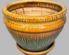 Large Glazed Pottery Jardinire Planter with Dish