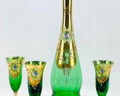 Antique Hand Painted Emerald Green Glass Decanter w/ 3 Glasses Gilt Paint Decorated