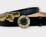 CHICOS Genuine Leather Black Belt with Brass Buckle. Sz M/L. ANNE KLEIN Vegan Leather Black Belt with Lion/Faux Snakeskin Buckle. Sz L