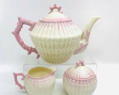 Vintage Belleek Fermanach Porcelain Ireland Teapot, Creamer & Sugar Holder Seashell Coral Inspired