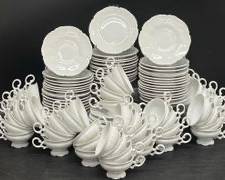 Fine HUTSCHENREUTHER Germany White China Tea Cups, Saucers, and Desert Plates