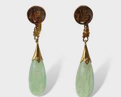 Fine Asian Caribe 10K Yellow Gold Jade Screw Back Earrings