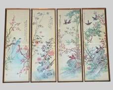 4 Vintage Asian Chinoiserie 39" Tall Prints Framed