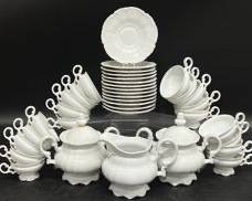 Fine HUTSCHENREUTHER Germany Sylvia White China Tea Cups, Saucers, Creamer, and Sugar Bowls With Lids