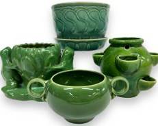 Vintage Mccoy Ceramic Swirl Planter, Strawberry Planter, and Unmarked Ceramic Frog Bowl and Sugar Bowl Art Deco MCM