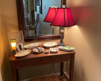 Console table with porcelain dishes, large mirror, and small blown glass lamp, Asian foot stool, and metal lamp with stone (2 available)