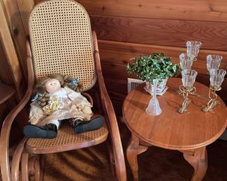 Bentwood rocker and side table with brass and glass votive expandable holder, bell and more
