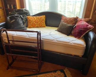 Leather Sleigh day bed with trundle, twin mattress. pillows, Queen inflateable mattresses, quilt rack