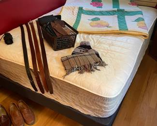Full size Serta Perfect sleeper mattress and frame, qulits and men's belts, gloves and scarves