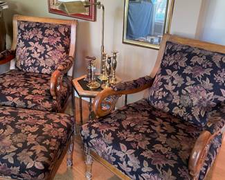 Arm chairs with ottoman, side table, brass floor lamp, large mirror and framed print