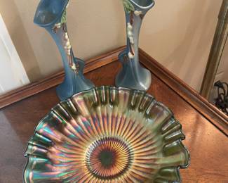 Roseville bud vases and carnival glass dish