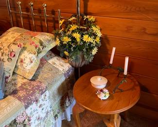 Brass twin headboard with twin mattress set (2 matched sets available) Oak side table (2 available)